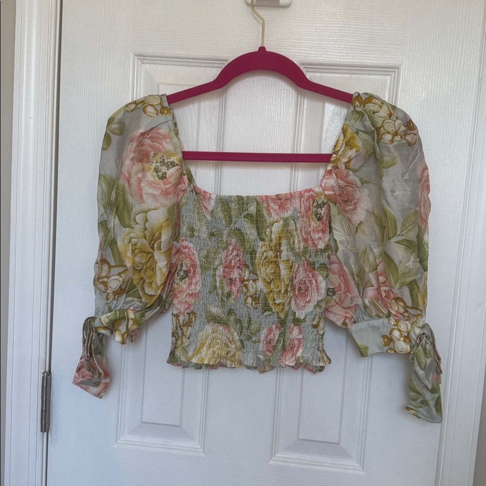 Express Floral Smocked Blouse with Puff Sleeves